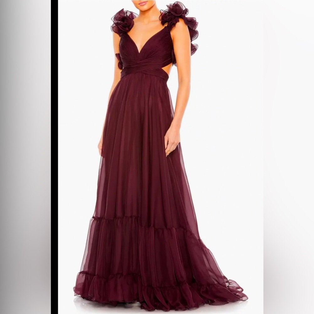 Mac Duggal Rosette Chiffon Cutout Empire Gown Size 6 BORDEAUX